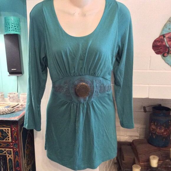 VERTIGO TEAL TUNIC TOP W/ METAL WAIST MEDALLION S - Picture 2 of 6